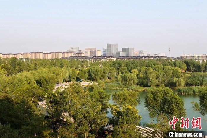 從完成頂層設(shè)計到如火如荼大規(guī)模建設(shè)，六年來，雄安新區(qū)如春天的竹子一般拔節(jié)生長，這座承載千年大計的“未來之城”已雄姿初顯。從“一張白紙”開始著墨，如今的雄安新區(qū)已是濃墨重彩的“山水畫”。<a target='_blank' href='/'>中新社</a>記者近日走訪了雄安新區(qū)多地，從“藍(lán)綠金”三色感受這座“未來之城”的巨大變化。圖為7月18日拍攝的河北雄安新區(qū)金湖公園。 <a target='_blank' href='/'>中新社</a>記者 易海菲 攝