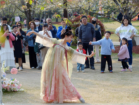 清明假期期間，上海顧村公園櫻花島上，游客在觀賞國風漢服快閃表演。（圖片來源：視覺中國）