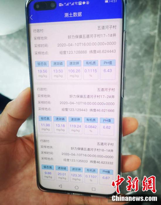 圖為測(cè)出來的土壤成分含量,通過手機(jī)就能實(shí)時(shí)查看。 郎朗 攝 點(diǎn)擊進(jìn)入下一頁